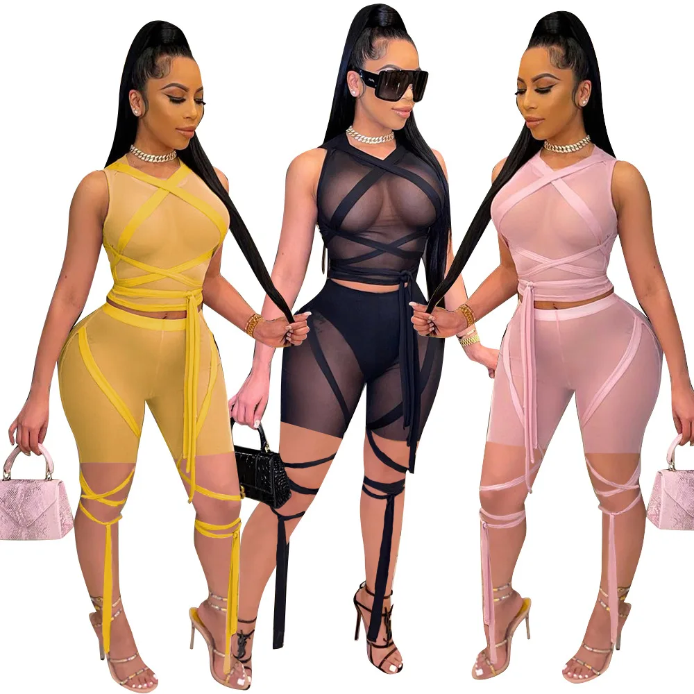 

2021 New Arrivals tops crop women mesh see through bandage suits 2 piece set women sexy nightclub wear, As picture