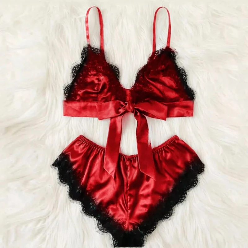 

Pajama Set Sexy Silk Satin Lace Sleepwear Summer Fashion Flower women lingerie 2020 bra and panty sets sexy lingerie underwear, Black,red,green