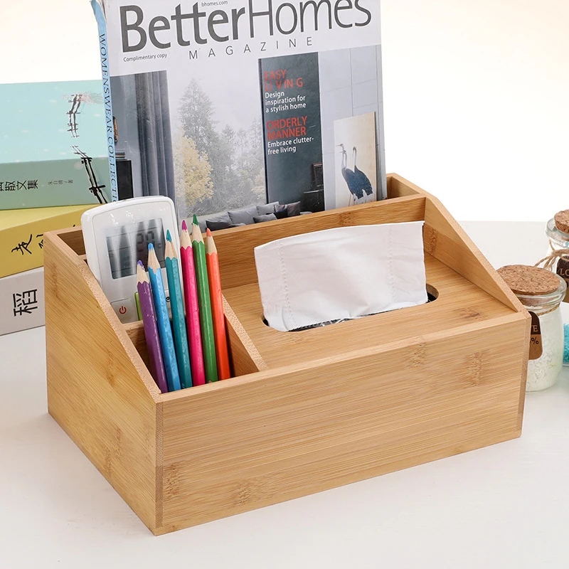

Multifunctional Home Office Stationery Desk Organizer Bamboo Paper Holder Tissue Box, Natural