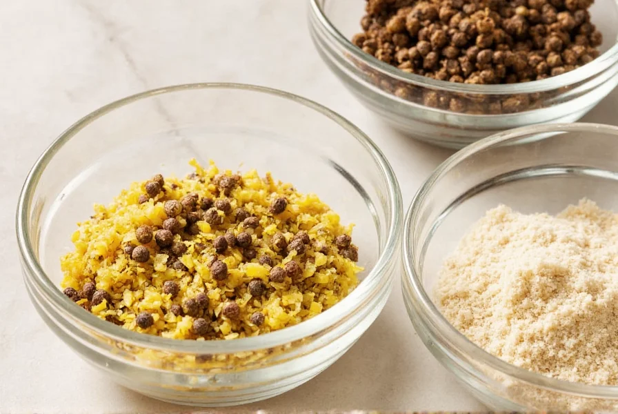 Close-up of homemade lemon pepper dry rub ingredients including lemon zest, black peppercorns, garlic powder, and salt in glass bowls