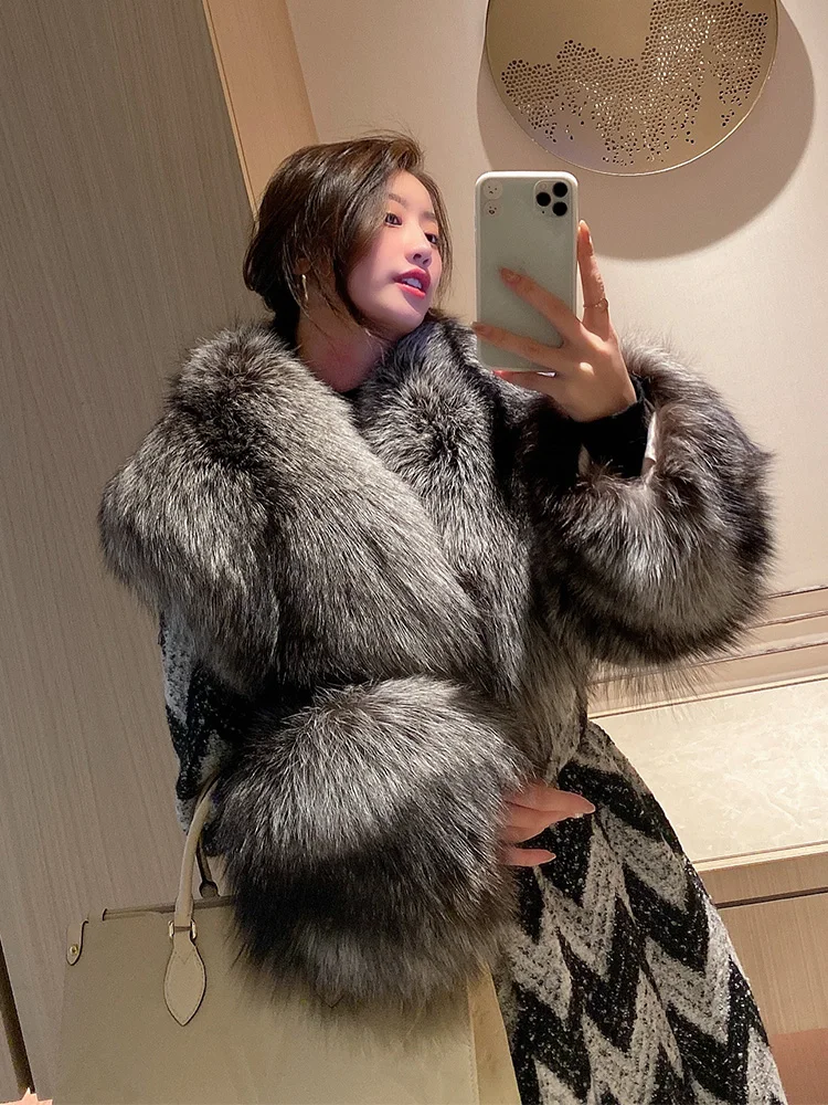 

OFTBUY 2021 New Winter Jacket Women Belt Coat Natural Real Silver Fox Fur Collar Black White Plaid Loose Warm Fashion Streetwear