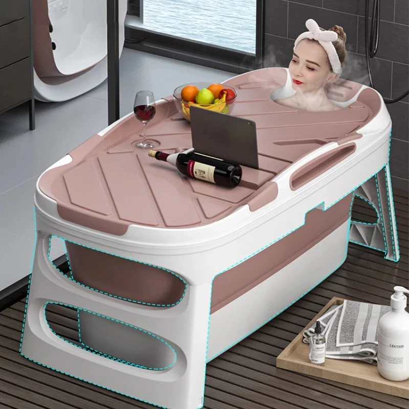 

Adult Folding bathtub 140CM Large Bath barrel Thicken With Lid Plastic Household Bathtub Child Tub Swimming Pool, Pink blue
