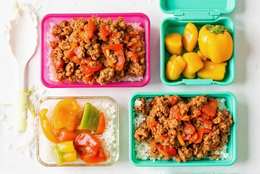 Colorful deconstructed stuffed pepper meal prep containers with separate compartments for meat mixture, rice, and peppers