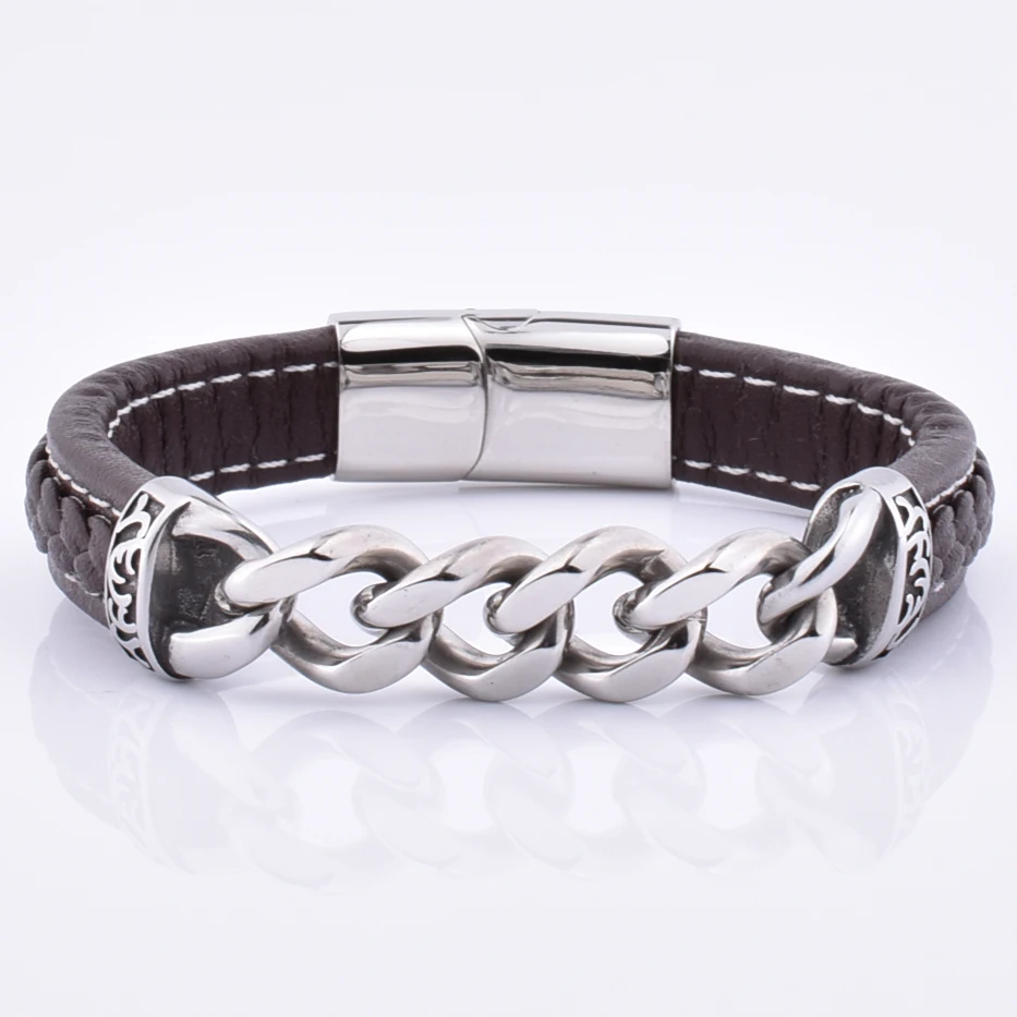 

New Design Stainless Steel Jewelry Man Bracelet Leather Chain Bracelets With Custom Logo