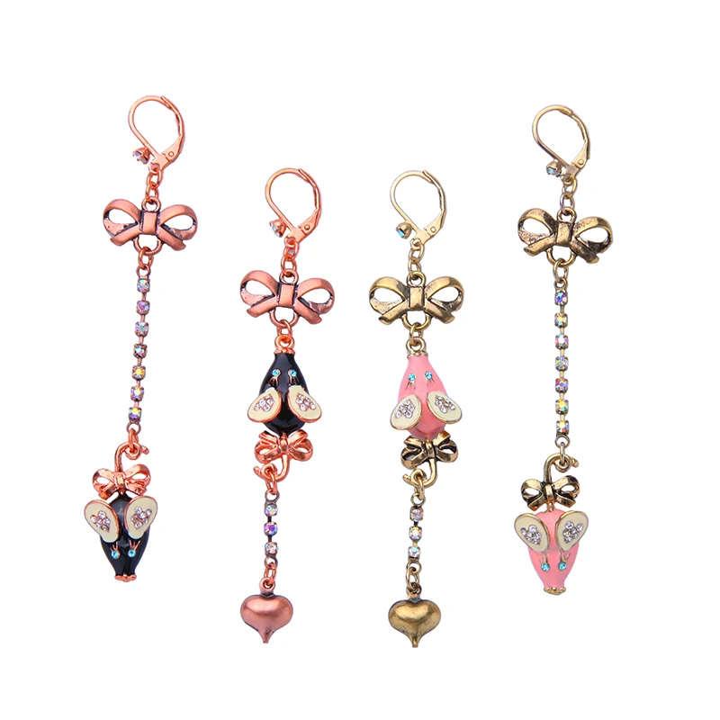

ed0097 Mismatched Long Vintage Gold Bowknot Heart Shaped Pink Black Rat Mouse Womens Crystal Pendants Cute Earrings Cartoon