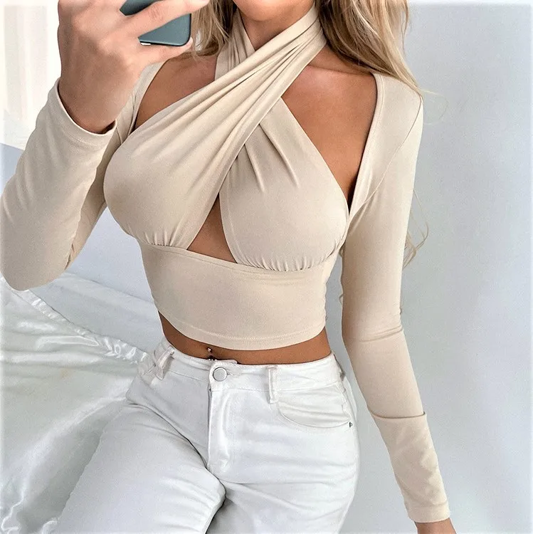 

Women's Blouse Shirt Plain Cross Halter Neck Sexy Tops Beige Hot Sell Women Blouse, Color