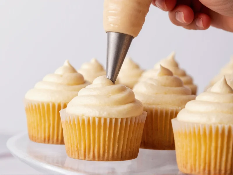 Piping smooth homemade icing onto cupcakes