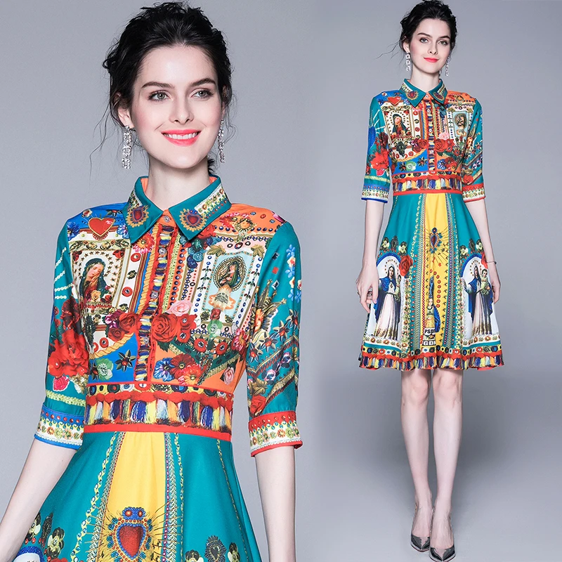 

Ready made western style vintage ethnic style fashion floral print turn down collar half sleeve women summer casual dresses, Picture color