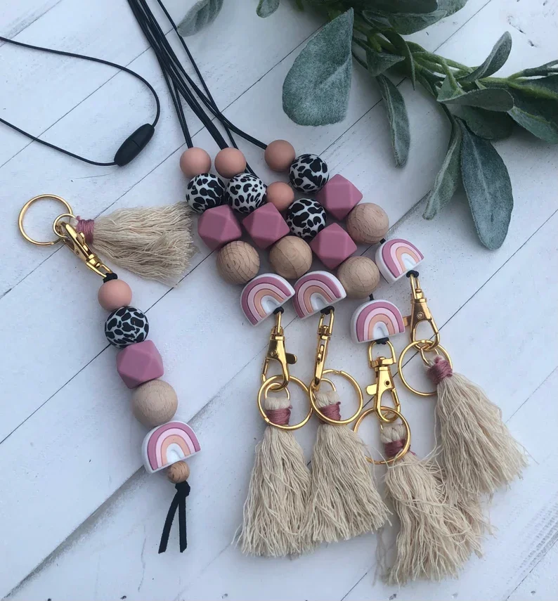 

Boho Necklace Teacher pink Rainbow Leopard Print Silicone Bead and Wooden Bead Keychain Lanyard