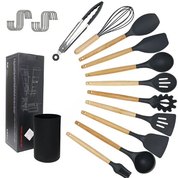 

Amazon Top Sellers Food Grade Wooden Handle Silicone Utensils Cooking Utensil Set Kitchen Accessories with High Quality