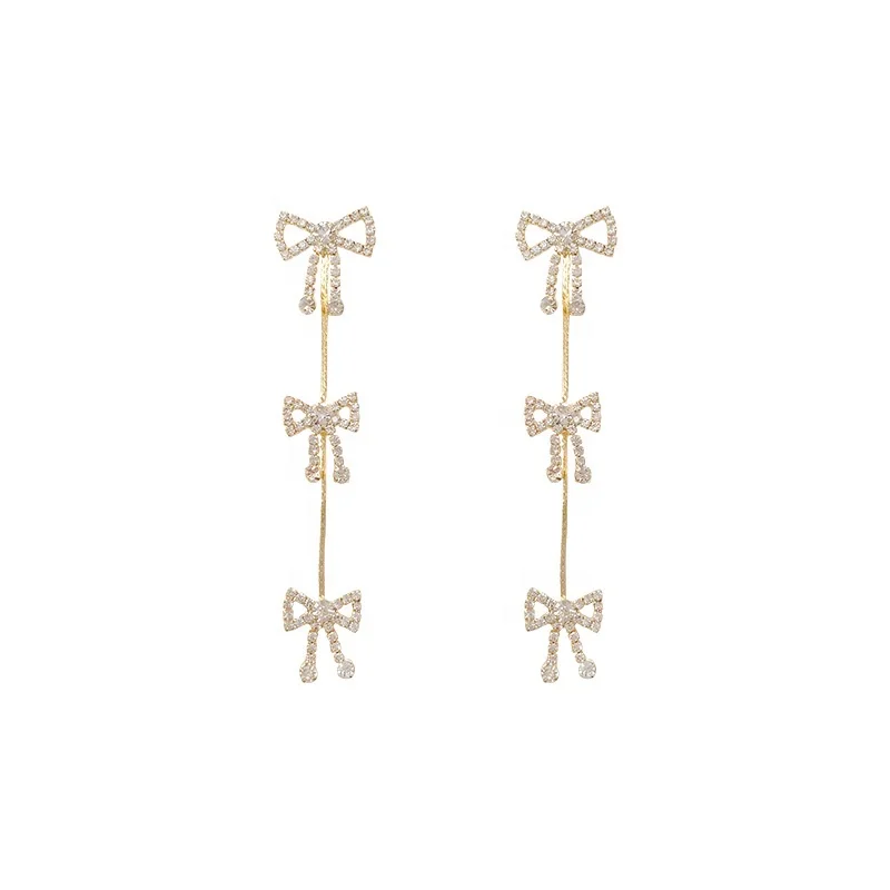 

Korean Version Of The Bowknot Tassel Earrings Women's Super Flash Micro-inlaid Zircon Earrings Tide 925 Silver Needle Earring, Gold