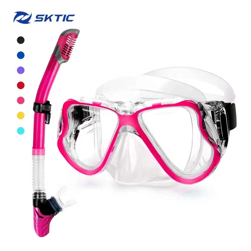 

SKTIC Amazon Hot Sell Anti-fog Diving Glasses Mask Scuba Diving Goggle Tube Set Tempered Glass Diving Mask, Transparent pink