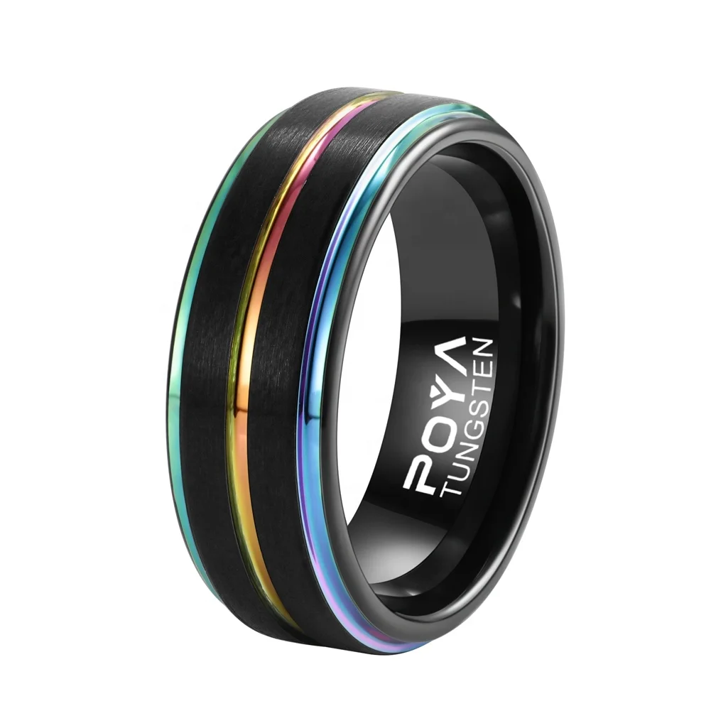 POYA 8mm Rainbow Line Classic Tungsten Ring Black Wedding Band for Men Multi Color Jewelry