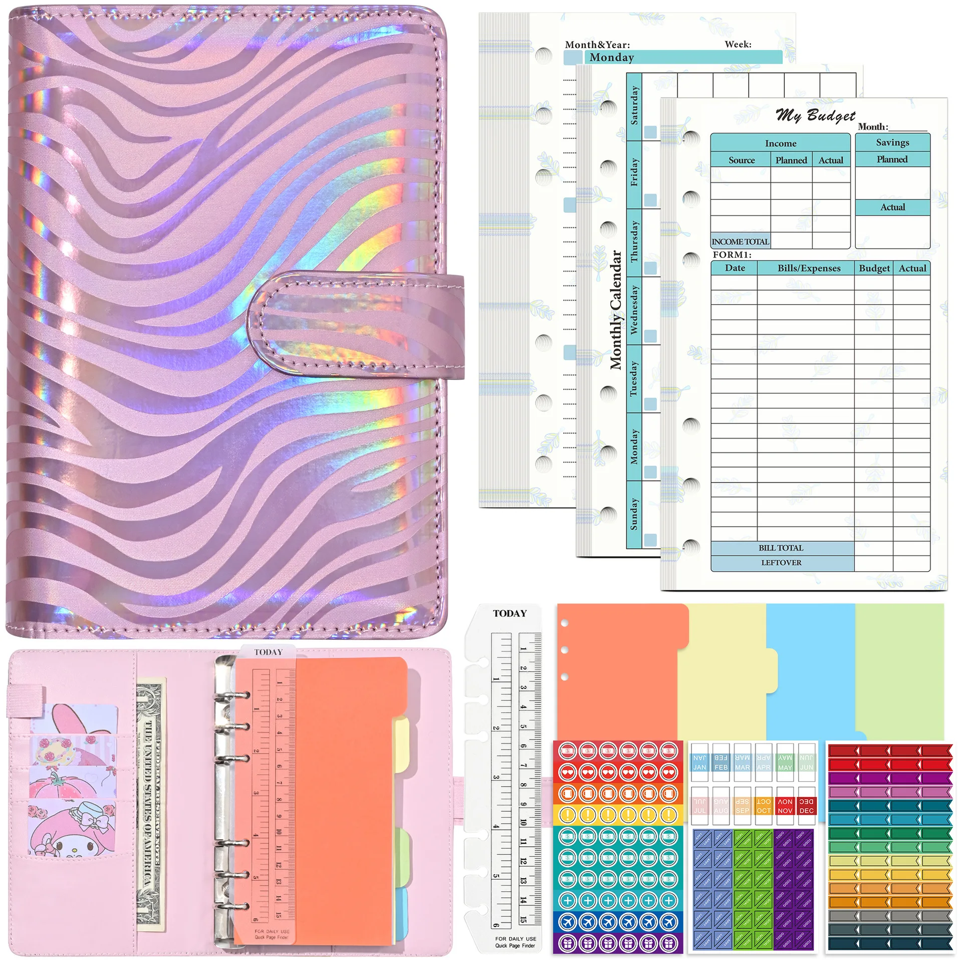 

office supplies business pu journal notebook zebra-stripe glitter leather ring binder budget planner a6 budget binder bulk