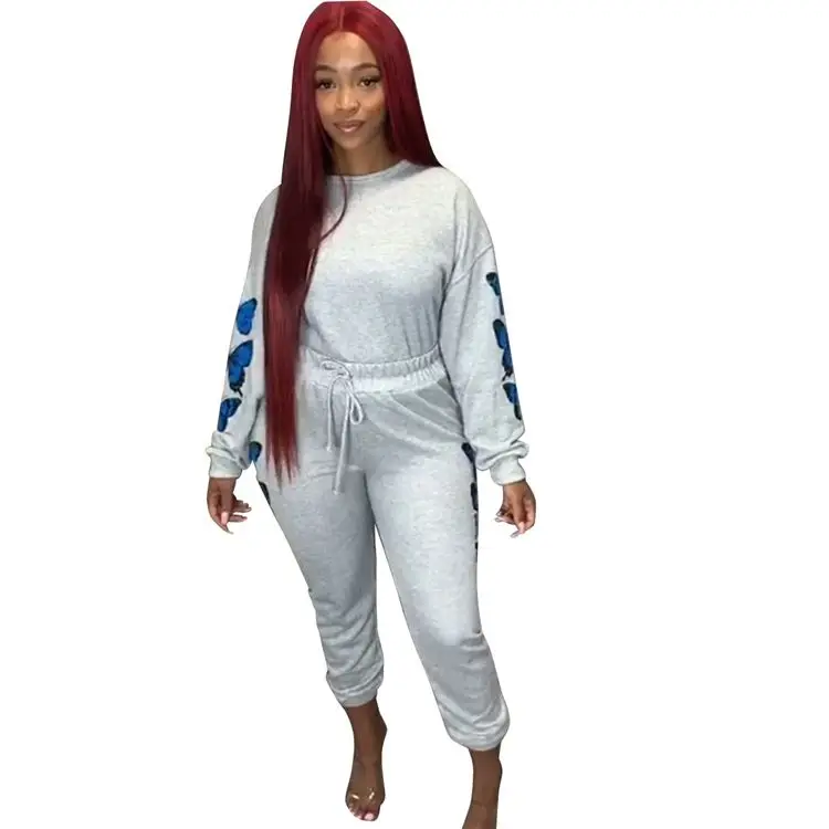 

W8850 Printed fashion sports leisure two piece pant set crewneck sweatshirt