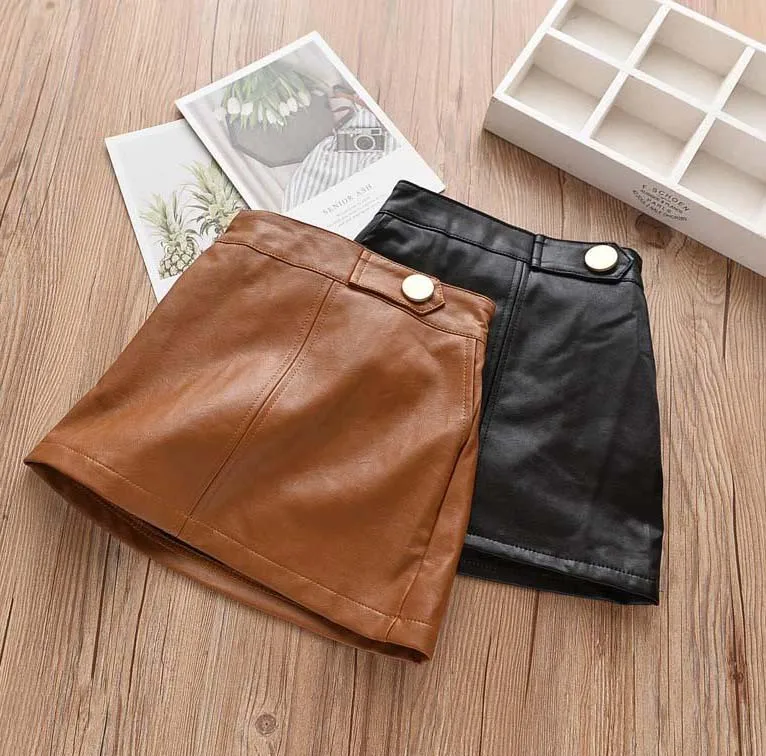 

Children Pu leather Skirts Boutique Baby Girl shorts A-line skirt, Brown, black