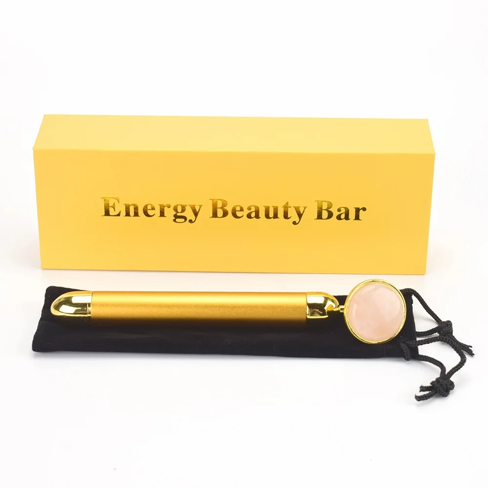 

Jade Rose Quartz Roller Facial Electric Vibration Energy Beauty Bar Massage Roller for Vibrating Face Massager Waterproof, Rose gold, 24k gold plated