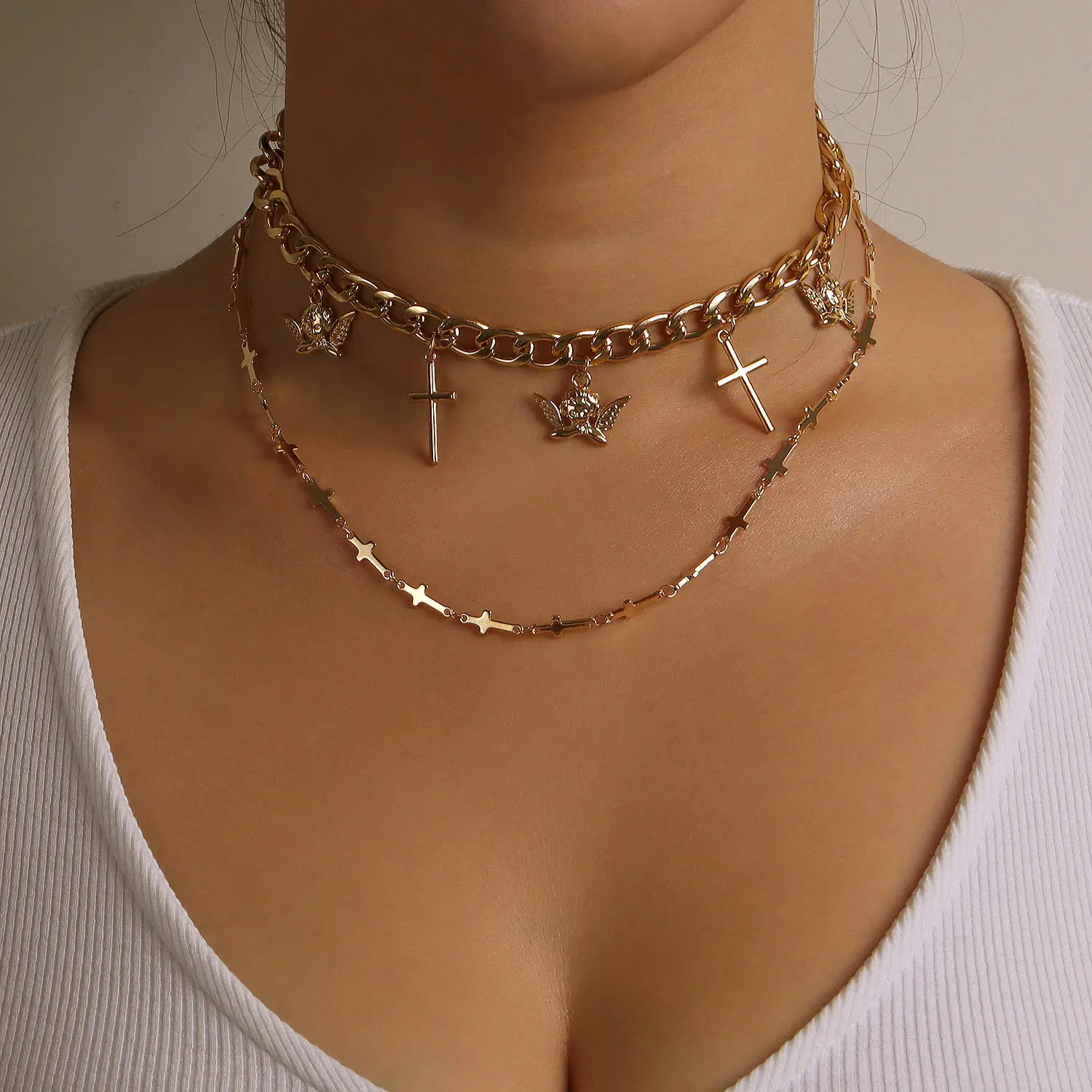 

GT Cross Double Layers Choker Necklace Fashion Trend Religious Angel Wings Cross Pendant Necklaces, As picture