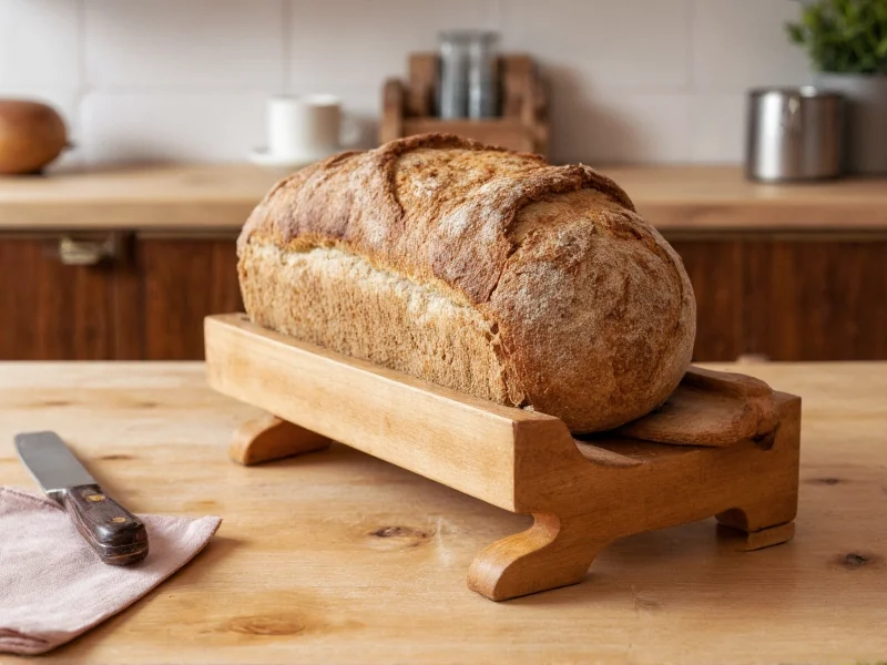 Wooden bread slicer cradle holding a rustic sourdough loaf