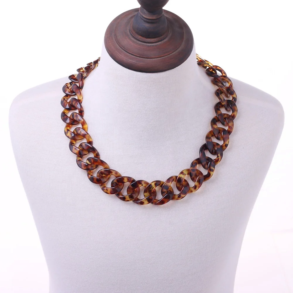 New Vintage Style Tortoiseshell Color Necklace  Bohemia Leopard Print Long Link Chain Big Acrylic Necklace for Women Jewelry