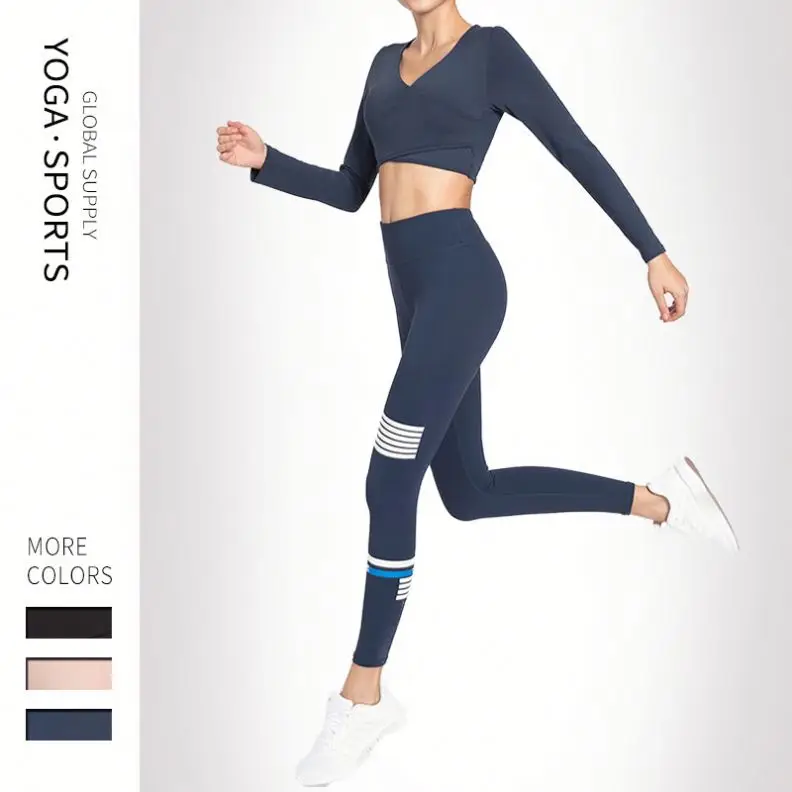 

2021 Custom Women Ropa Deportivas Mujer Stripe Print High Waist Hip Running Tight Little Foot Exercise Yoga Set