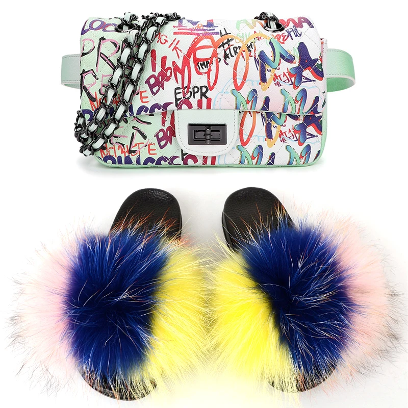 

Fashion Women Plush Trimmed Natural Real Fur Slippers Slides Fur Sandals /Wholesale Custom Big Women Fox Fur Slides