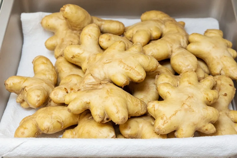 Whole ginger roots stored in airtight container with paper towel in refrigerator vegetable drawer