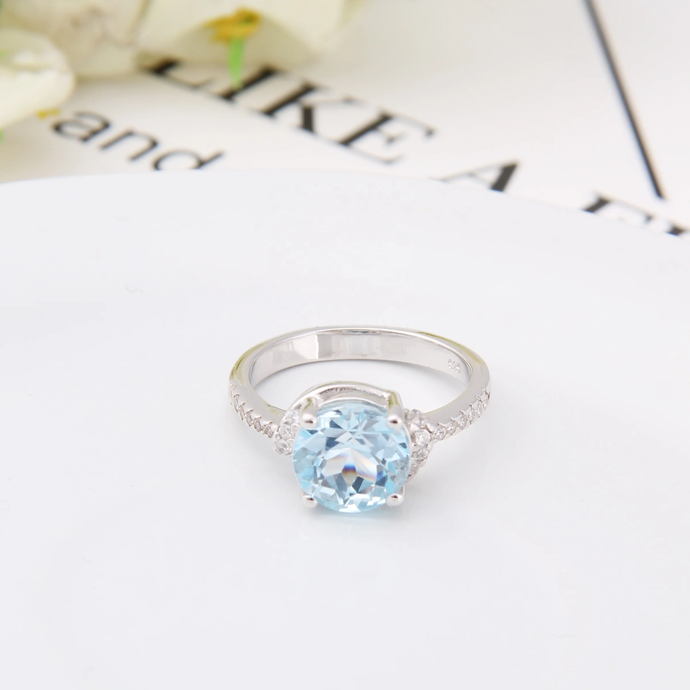 

Abiding Sky Blue Topaz Luxury Jewelry Unique Gift Round Prong Setting Cubic Zircon Sterling Silver Ring For Women