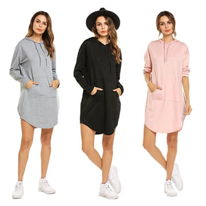 

Pocket Longline Fleece Dresses Women Solid Color Loose Hooded Hoodie Dresses, Pink/gray