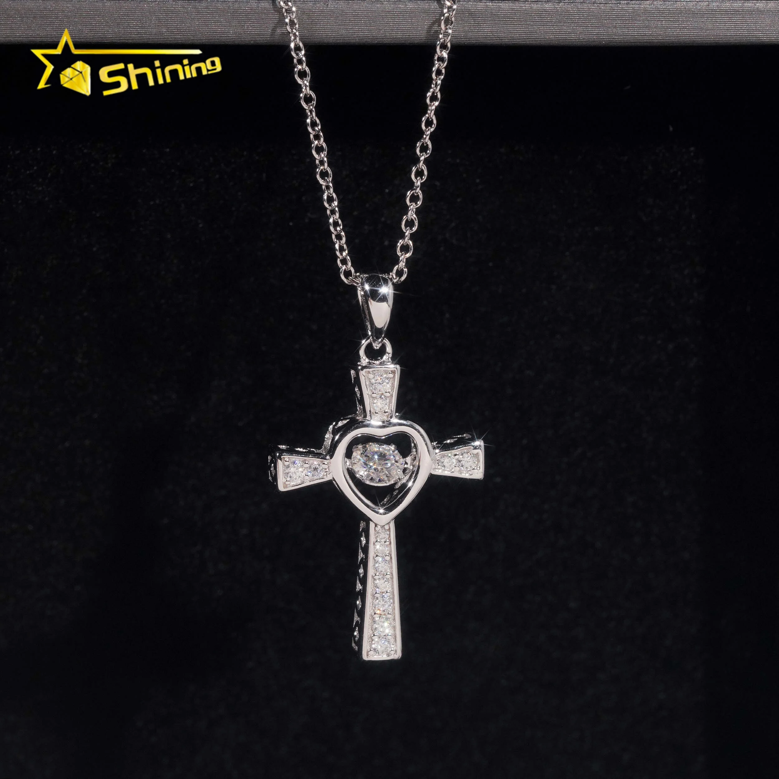 Pass Diamond Tester Cross Heart Iced Out Moissanite Silver 925 Pendant Necklace for Women
