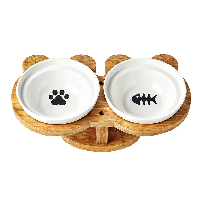 

Wholesale Custom Ceramic Pet Bowl for Dogs and Cats with Bamboo Shelf Pet food bowl, White