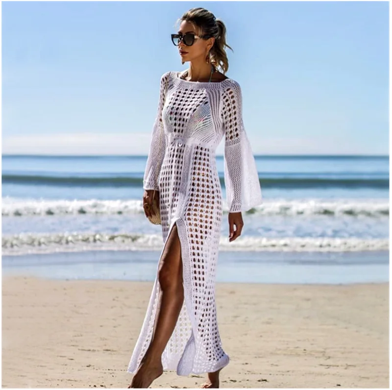 

2020 Crochet White Knitted Beach Cover up dress Tunic Long Pareos Bikinis Cover ups Swim Cover up Robe Beachwear, Picture