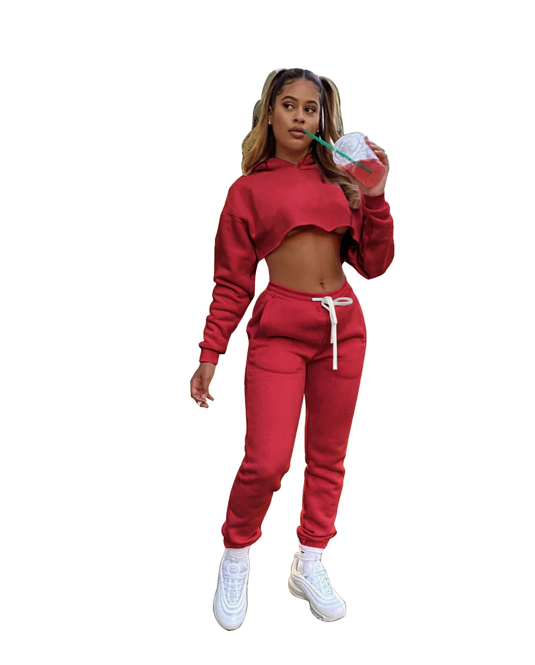 

Wholesale Streetwear Solid Color Sport Suit Sexy Crop Top Hoodie Women Two Piece Set, Customized color
