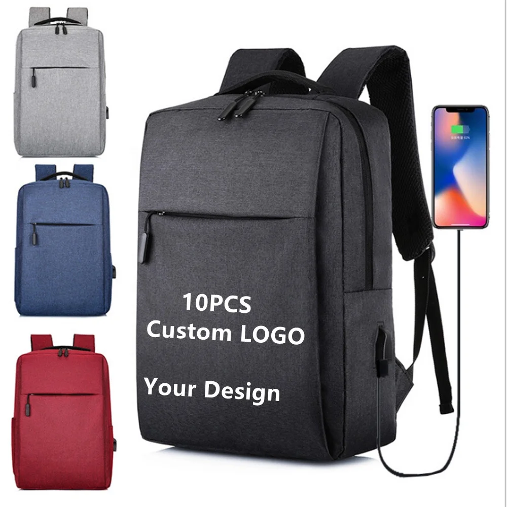 

10PCS can custom logo travel school bags wholesale big capacity smart USB laptop bag other backpack for men college bag mochila, Black/navy/red/grey