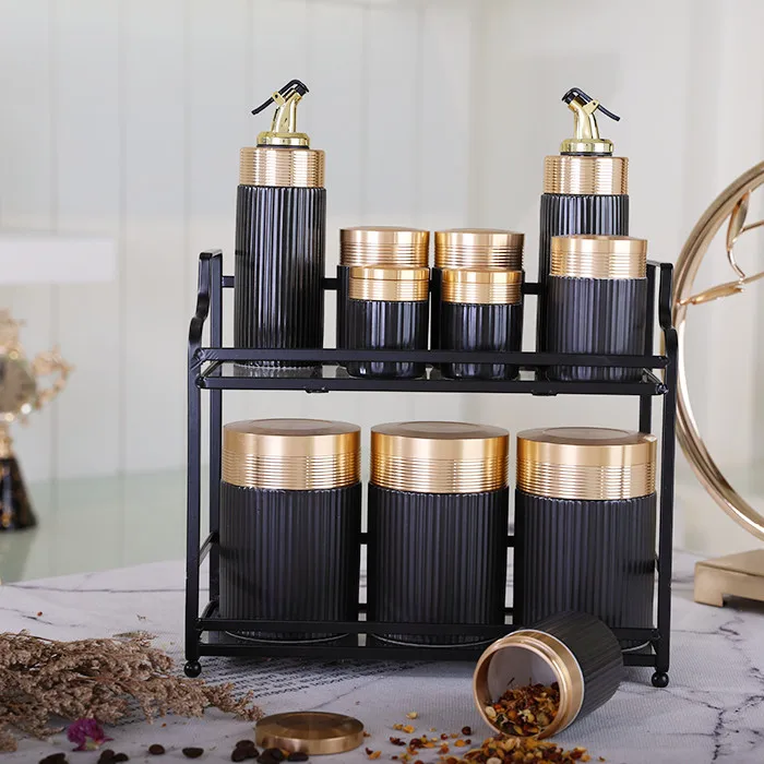 

Kitchen olive oil vinegar dispenser bottle sugar salt jar set ceramic kitchen coffee canister sets with metal stand, Black