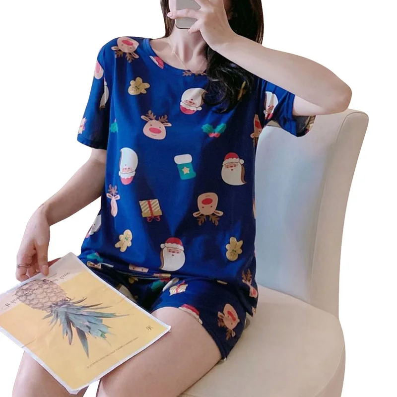 

Women Print Summer Pajamas Set Loose Casual Sleepwear Short Sleeve T-Shirts Shorts Homewear Two-piece Set