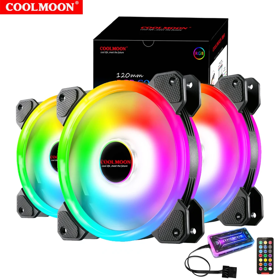 

Kit RGB Case Fans 120mm with Remote Controller Fan Hub and Extension, COOLMOON Quiet Edition High Airflow Adjustable Col