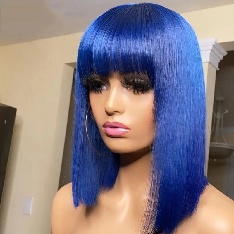 

Blue Short Bob Human Hair Wigs with Bangs Brazilian Straight Transparent Lace Front Wig for Black Women Pre Plucked 613 Lace Wig