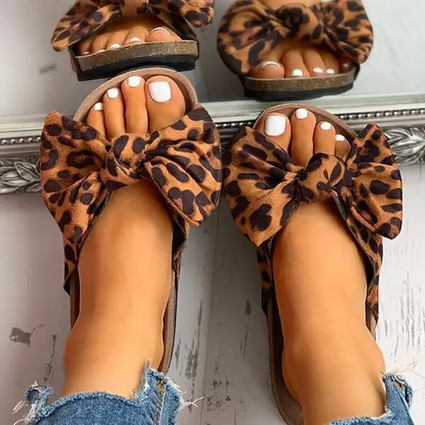 

Fashion Ins Bow Slides Slippers for Women Leopard Black Pink Red Bowknot Sandals Summer Outdoor Beach Flat Slipper Sandal Ladies