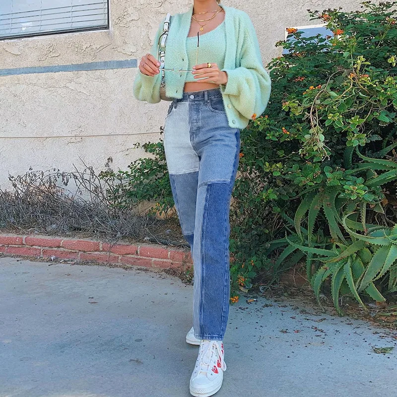 

HP8510W0J Trendy 2021 custom straight high waist pants for women 2021 pocket ladies trouser color blocking women's jeans denim