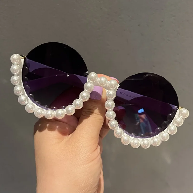 

LBAshades New women fashionable round half frame sunglasses pearl lunettes de luxe sunglasses