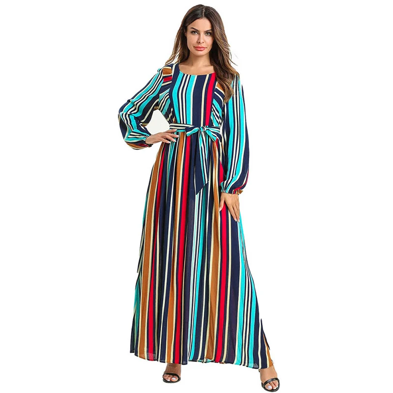 2020 Autumn Elegant Long Sleeve Ethnic Dress Vertical Stripe Contrast ...