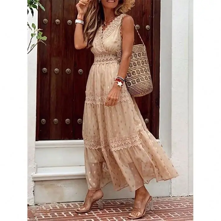 

PEARL Robe Femme Sexy Sleeveless V Neck Lace Long Women Casual Dress Summer Dresses 2021