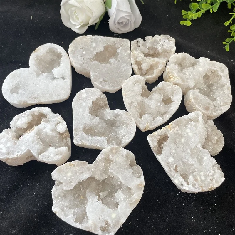 Natural Reiki Raw Specimen Heartz White Agate Geode Druzy Crystal Cluster Heart Decor