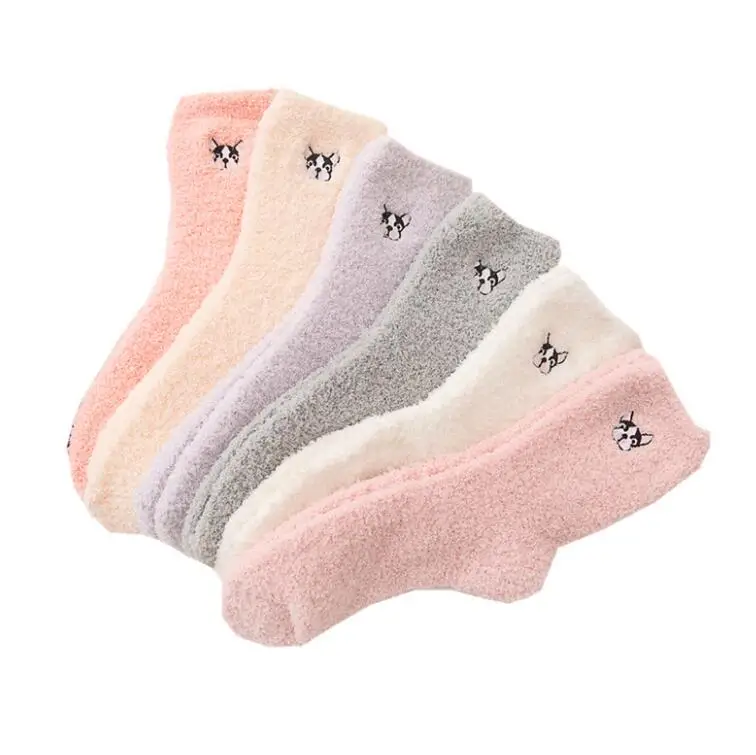 

Winter thermal candy color embroidery cute dog coral velvet fuzzy sleep socks women, Picture shown