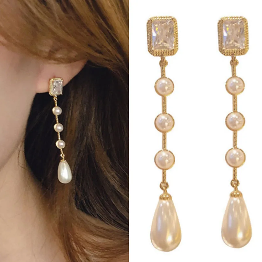 

00360-19-1 Style Rhinestone Pearl Tassel Earring Simple Gold Plated Inlaid Pearl Square Diamond Long Drop Earrings For Women