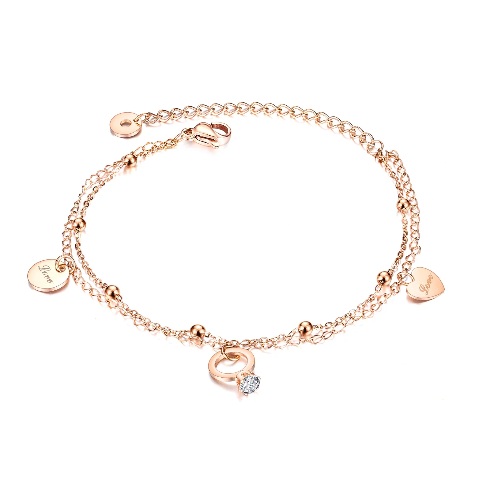 

New Fashion Double Layer Stainless Steel Heart Charm Anklets For Women Rose Gold Color Leg Bracelet Foot Jewelry(KAN423), As picture