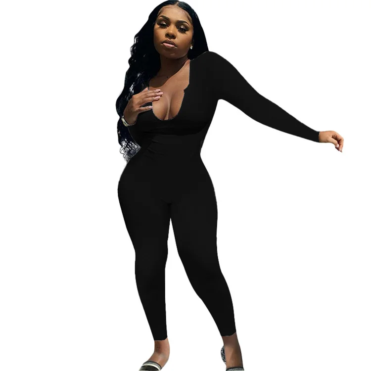 

LN2046 autumn new plus size sexy solid deep v gym one piece women jumpsuit bodycon pants jumpsuits