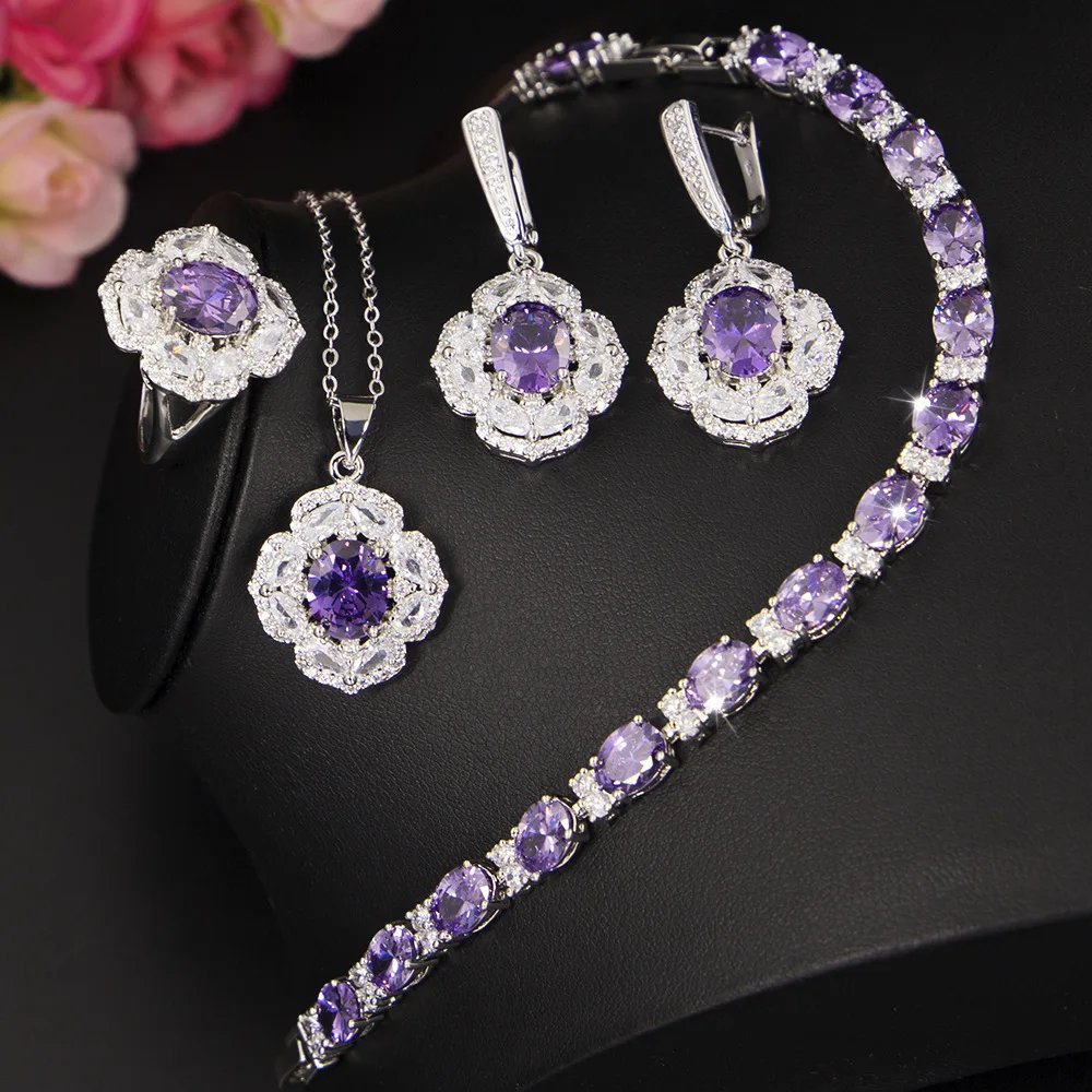 

Shangjie OEM joyas Ring Earnings Necklace Flower Purple Zircon Bridal Smart Women Fashion Jewelry Wedding Jewelry Sets, Silver