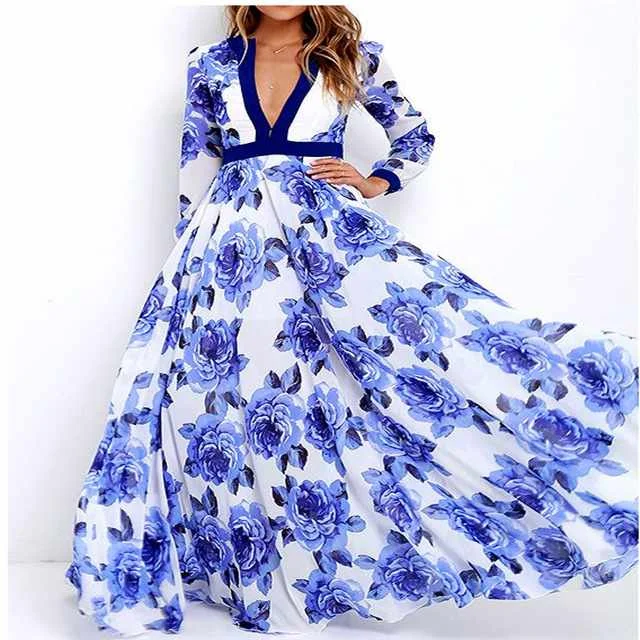 

New Arrival V-neck Print Dress Ladies Long Dress, Picture color